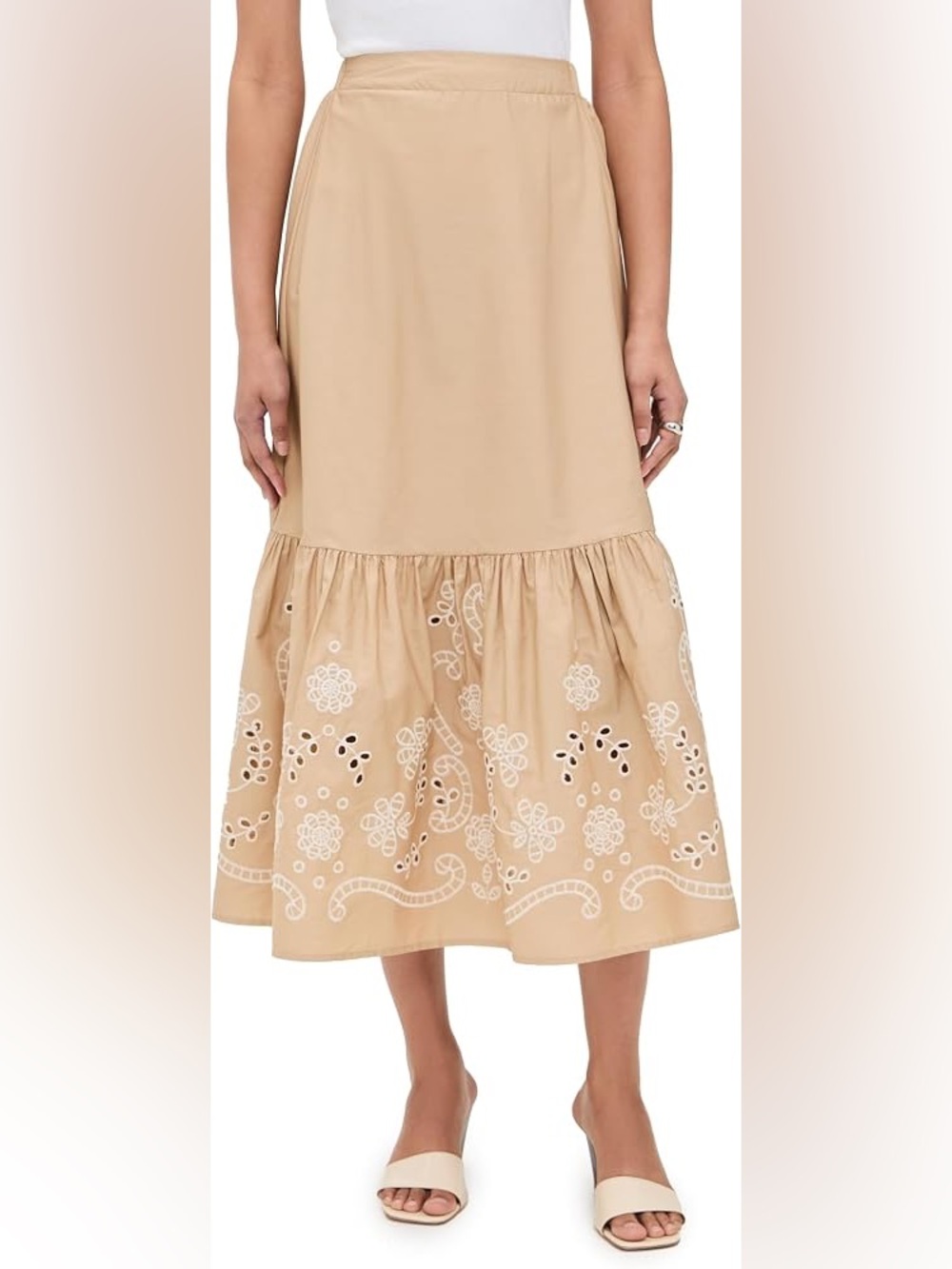 Moon River Beige Eyelet-Tier Midi Skirt